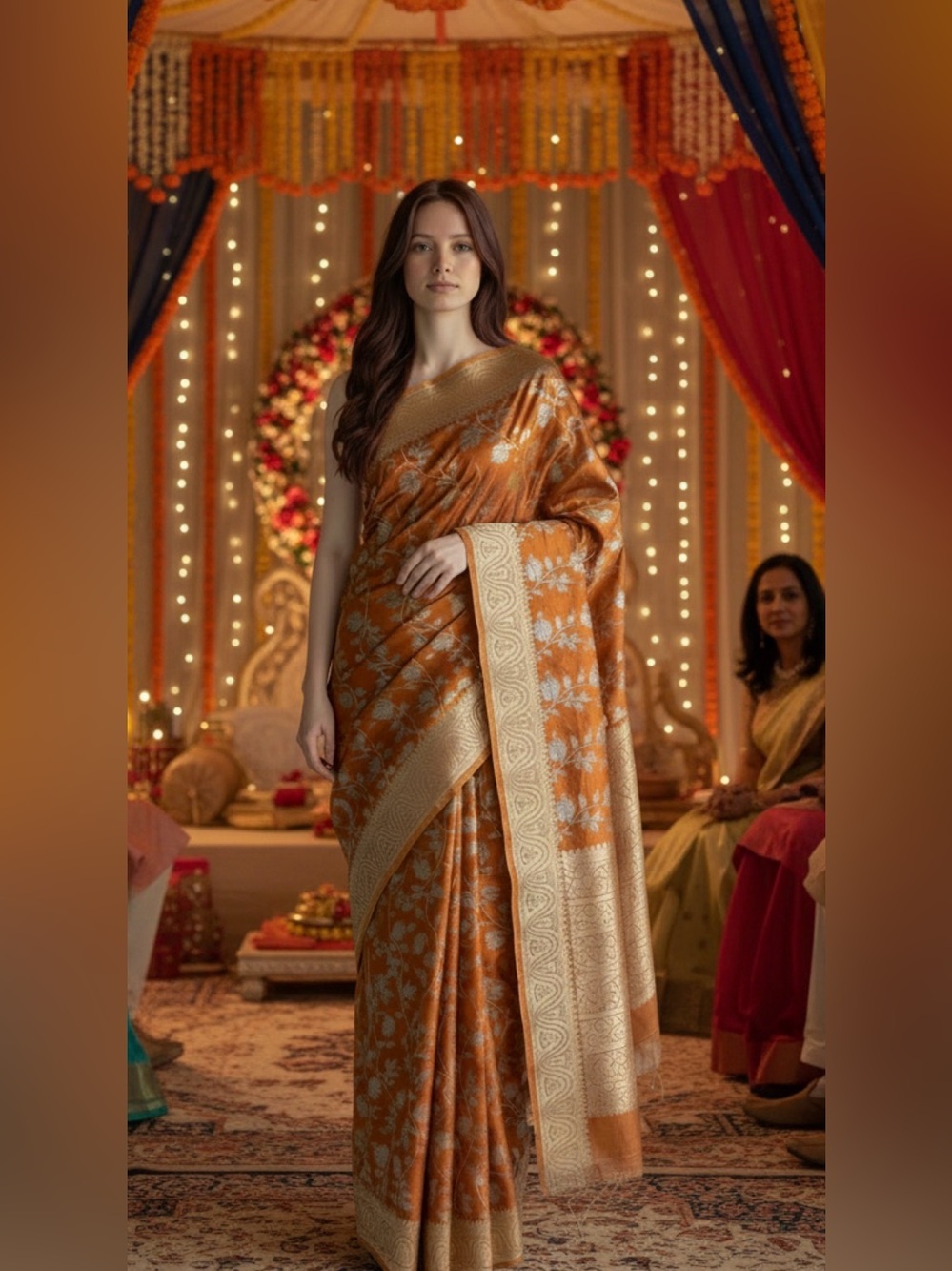 Elegant amber/burnt orange Women's Saree - Classic Draped Style